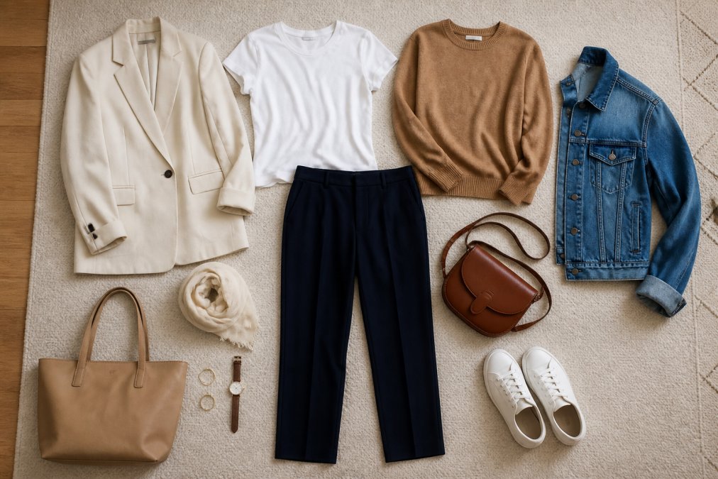 Flat-lay arrangement of neutral-toned clothing pieces, cream blazer, white tee, navy trousers, camel sweater, denim jacket, and accessories, displayed together to demonstrate how multiple complete outfits can be created from a small coordinated collection