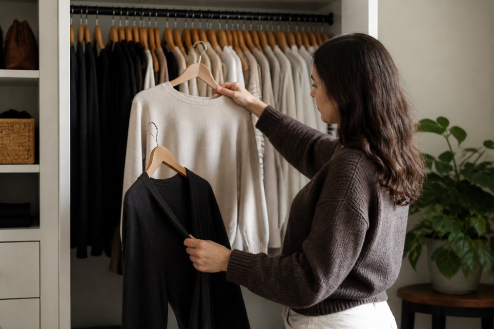 Person holding up different clothing items from an open closet, examining fabrics and colors, with neutral background showing organized hangers