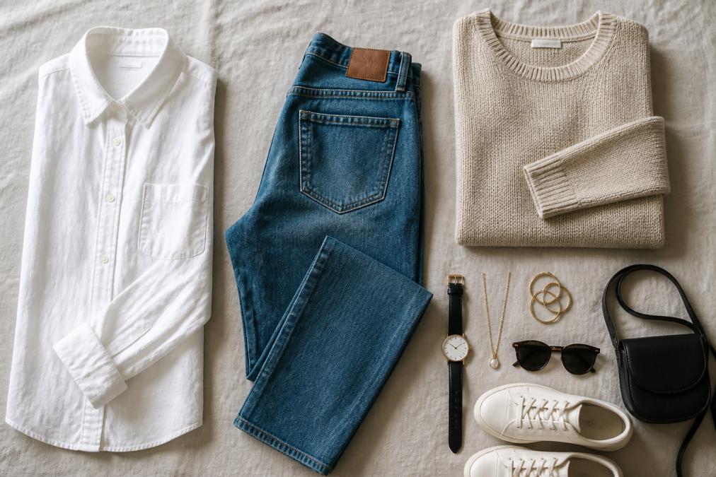 Flat lay arrangement of essential wardrobe basics including white button-down shirt, jeans, neutral sweater, and simple accessories on a clean surface
