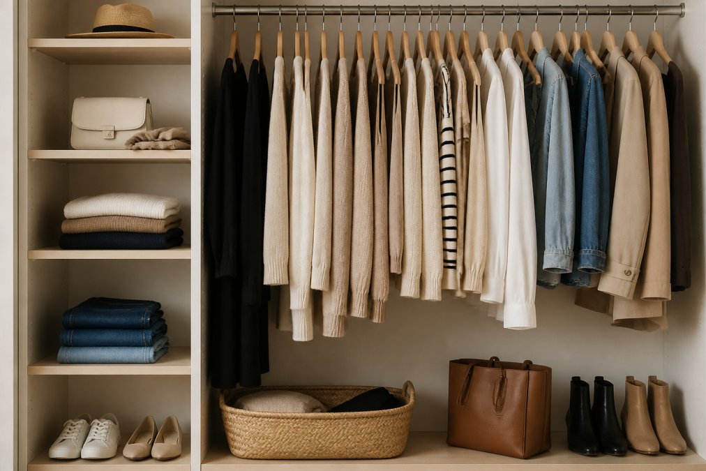 A neatly organized open closet showing a small, curated selection of neutral-toned women's clothing items hung in order by color and type, with folded basics visible on wooden shelves, soft natural light coming from a nearby window