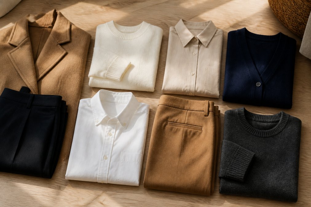 Flat lay of neatly folded clothing items in a cohesive neutral color palette including white, beige, camel, navy, and charcoal grey, arranged on a light natural wood surface in bright, even daylight