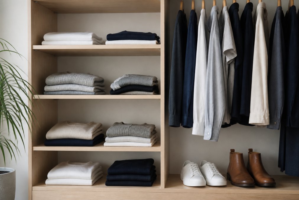 A neatly organized open closet with folded neutral-toned clothing in white, grey, and navy stacked on shelves, a few hanging garments in minimal colors, and a pair of white leather sneakers alongside brown leather boots arranged on a low wooden shelf, photographed in clean natural light