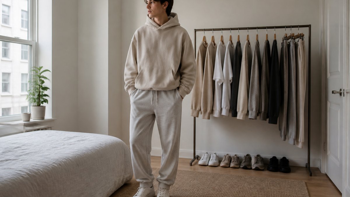 A young professional standing in a bright bedroom wearing an oversized neutral hoodie, relaxed sweatpants, and clean sneakers, with a small rail of neutral tops and bottoms behind them