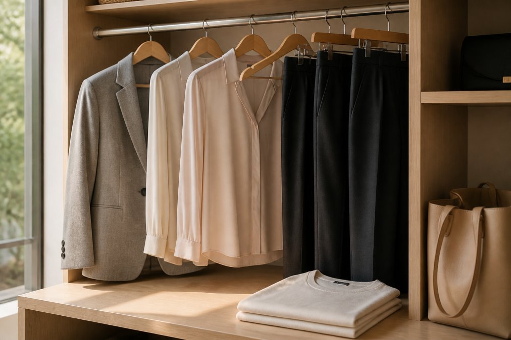 A neatly organized closet in warm natural light, featuring a tailored grey blazer, silk blouses, and dark tailored trousers on wooden hangers next to a folded bamboo long-sleeve t-shirt