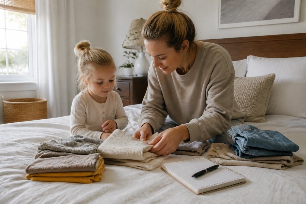 A mother and her young child sorting through a small pile of folded kids' clothes on a bed, with a notepad and pen nearby in a bright, cozy bedroom