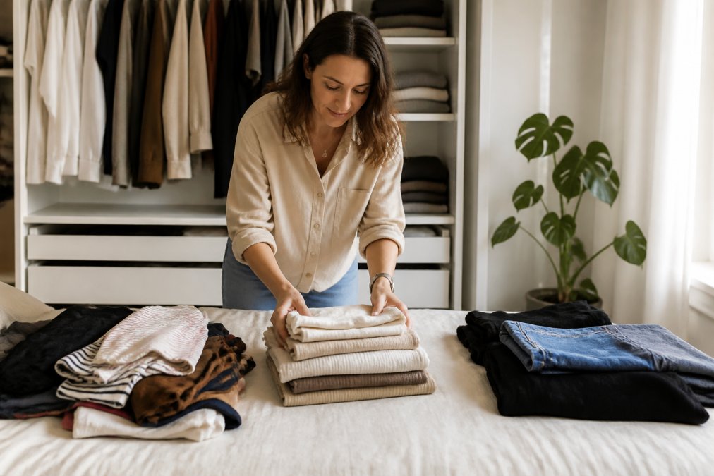 A bright, organized closet with neatly folded neutral-toned clothing and a woman sorting items into three piles on a bed, warm natural light