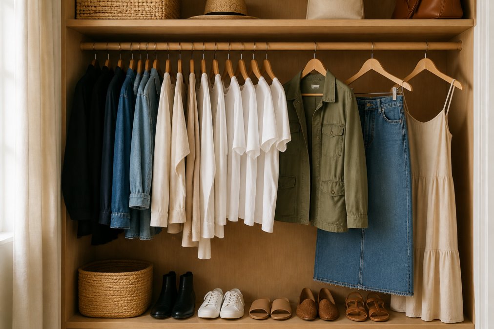A neatly organized open closet showing neutral-toned wardrobe staples, white tees, a denim skirt, a utility jacket, and a simple dress, arranged by color on wooden wooden hangers in warm natural light