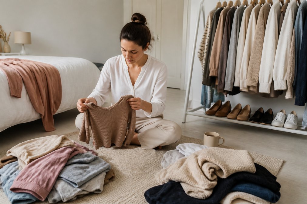 A woman in her late 20s sitting cross-legged on a beige rug in a bright minimal bedroom, sorting clothes into keep and donate piles, a coffee mug on the floor beside her, and a rack of neutral-toned garments visible behind her