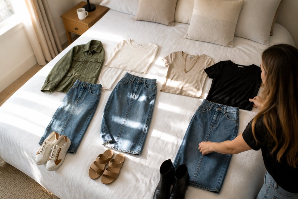 A woman laying out three complete outfits on a white duvet, mixing and matching neutral tops, a denim skirt, and a utility jacket, with a cup of coffee on the nightstand in bright morning light