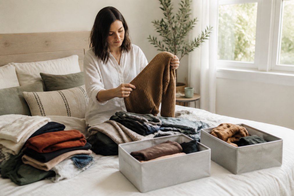 A woman sorting through clothing on a bed, with separate piles for keep, donate, and repair, in a bright bedroom with natural light