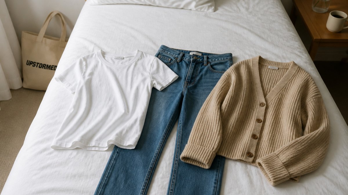Woman arranging a white t-shirt, straight jeans, and a knit cardigan on a bed for a mix-and-match outfit set.