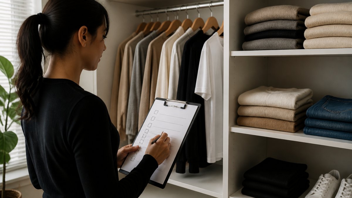A person sorting through a neat closet, holding a checklist on a clipboard, with folded clothes in neutral tones on shelves