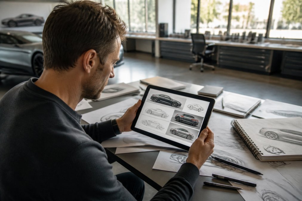 Designer reviewing automotive design portfolio on tablet displaying vehicle sketches, renderings, and technical drawings in modern studio with natural light