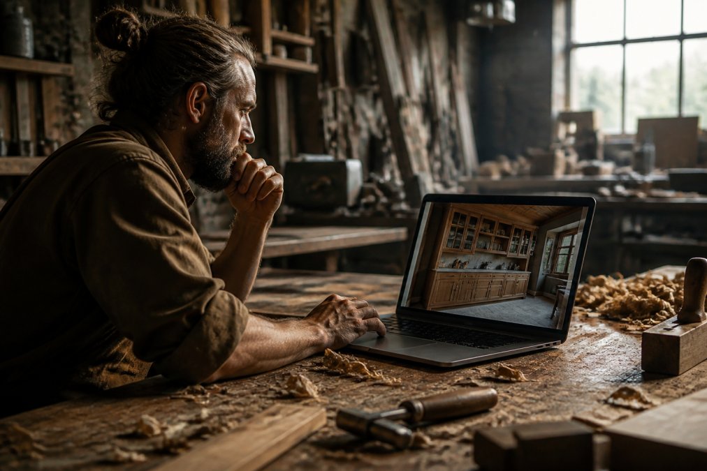 How to Build a Carpentry Website in 2026 Carpenter reviewing custom cabinet photos on a laptop for a carpentry website portfolio gallery