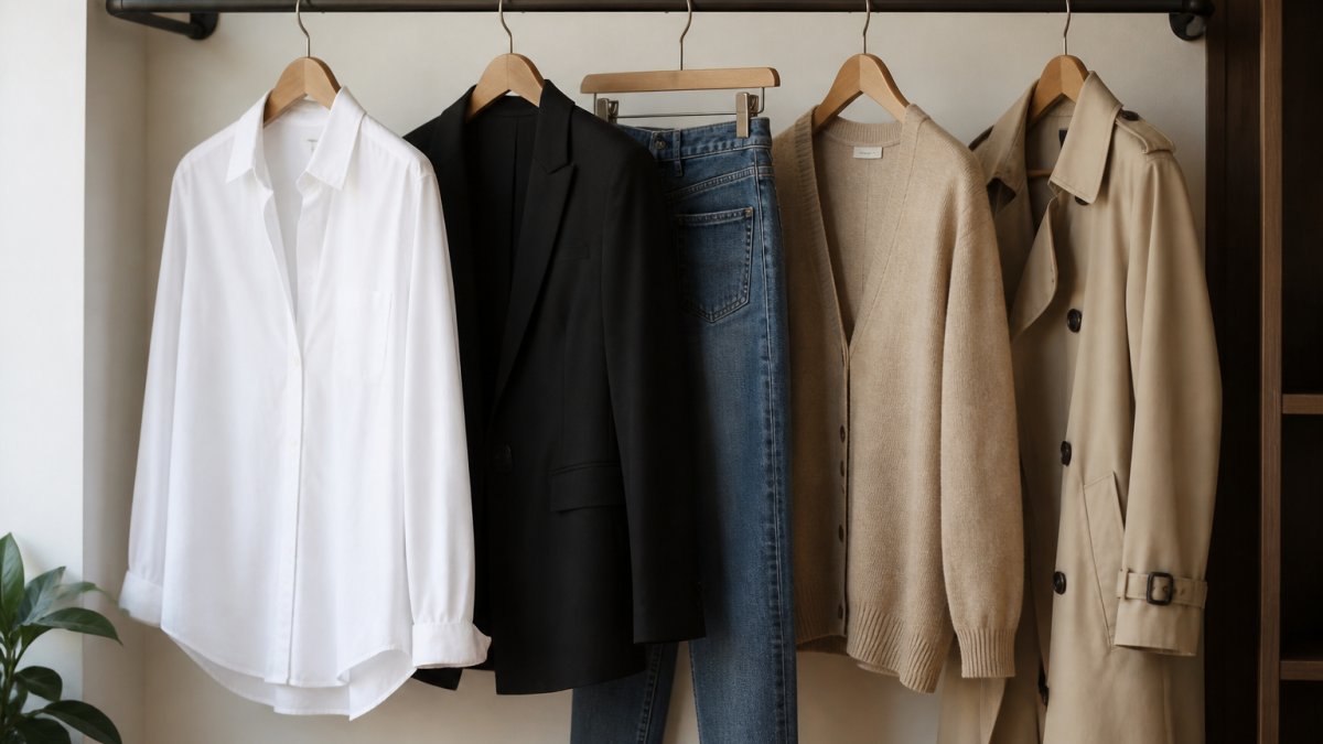 A well-organized closet rail with neutral wardrobe basics, a white button-up shirt, a blazer, denim, a cardigan, and a trench coat, photographed in soft natural light