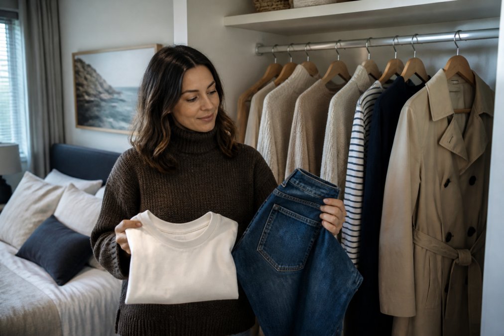 Woman in a bright bedroom holding essential basics for a capsule wardrobe next to an open closet of neutral clothes.