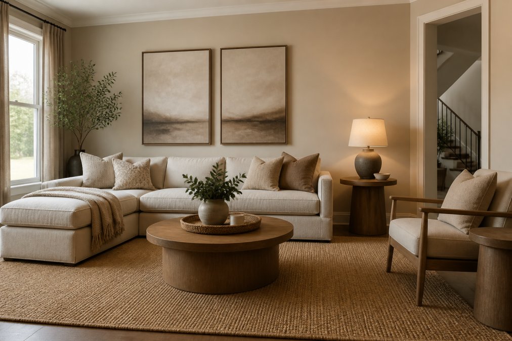 Well-appointed living room with soft neutral walls in warm greige, layered throw pillows in cream and taupe, a woven area rug, and wooden side tables creating visual continuity