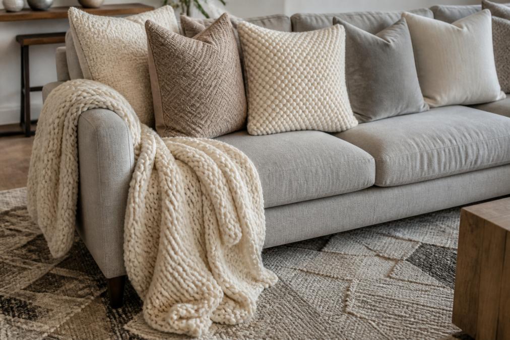 Close-up of a styled sofa with multiple textured throw pillows in cream, taupe, and soft gray, a chunky knit throw blanket draped over the arm, and a patterned area rug showing varied textures in neutral tones