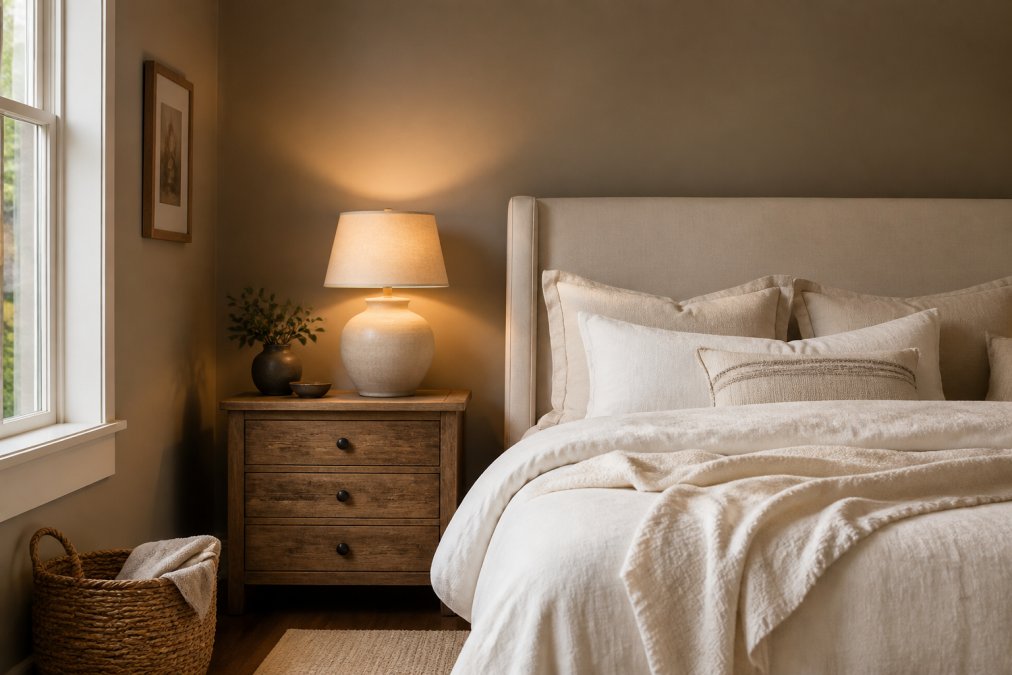 Bedroom featuring warm neutral walls in soft taupe, natural wood nightstand with rustic finish, cream-colored bedding, and soft golden lighting creating a cohesive, inviting atmosphere