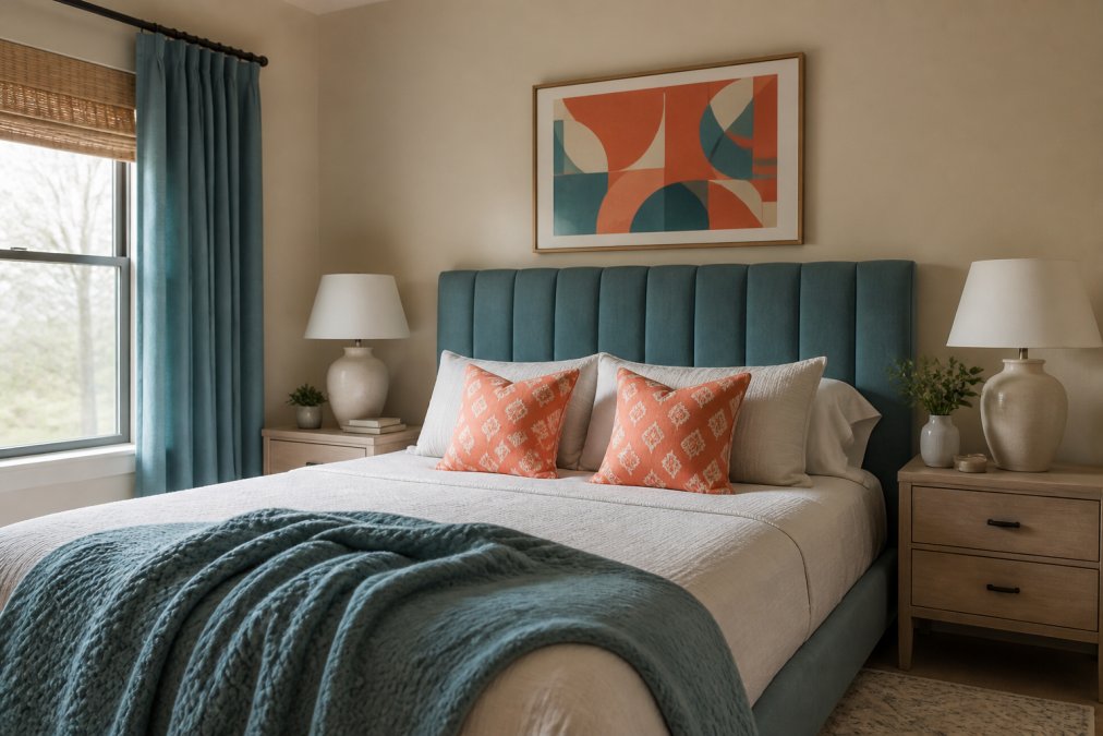 Modern bedroom featuring neutral beige walls (60%), soft teal upholstered headboard and window curtains (30%), and vibrant coral accent pillows with geometric artwork above the bed (10%), demonstrating the 60-30-10 color rule in action