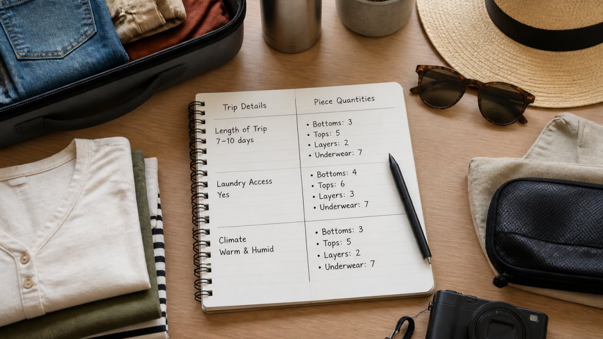 A packing checklist spreadsheet showing trip details (length, laundry access, climate) in the left column and corresponding piece quantities (bottoms, tops, layers, underwear) in the right column