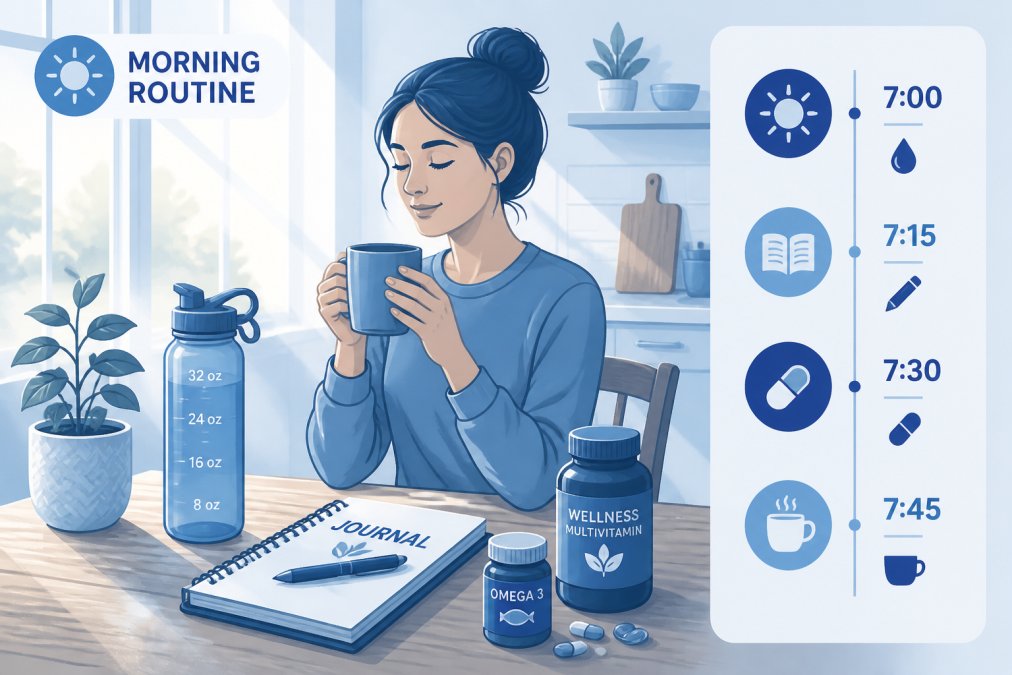 Person starting their morning at a kitchen table with natural sunlight streaming through windows, holding a warm beverage with a water bottle, journal, and wellness supplements nearby on the wooden surface