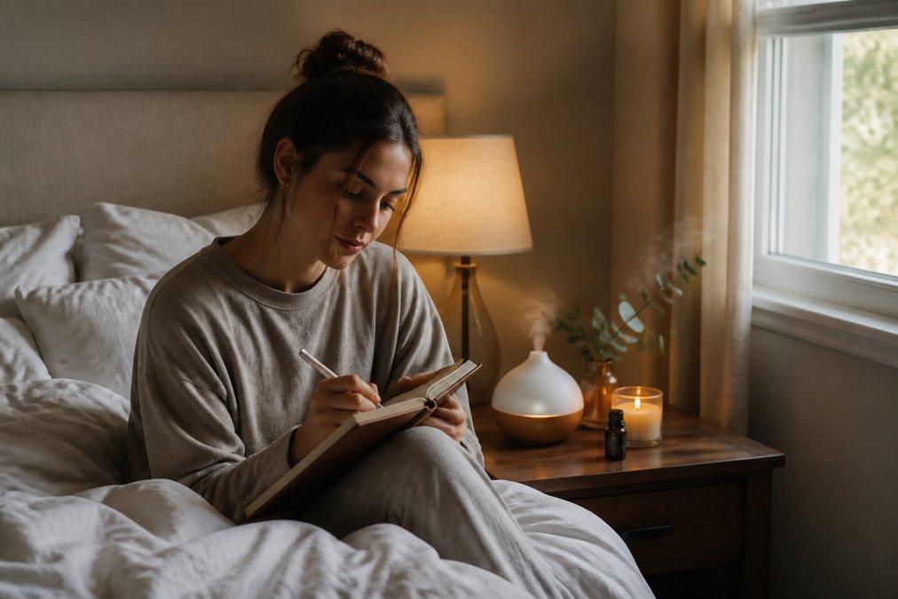 Calm bedroom with soft warm lighting, person preparing for sleep with a journal and aromatherapy products on the nightstand, white bedding visible, window with gentle natural light filtering through
