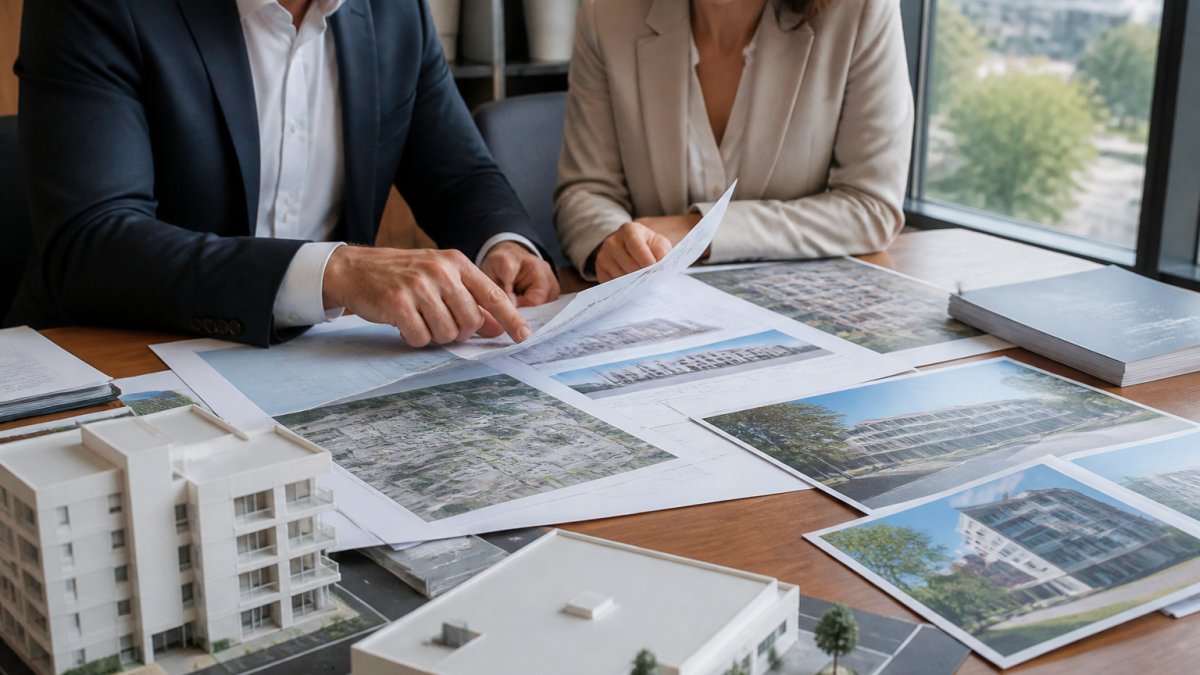 Commercial real estate professionals reviewing market analysis documents, property valuations, and aerial photographs on a desk in a modern office, with building models and architectural renderings visible