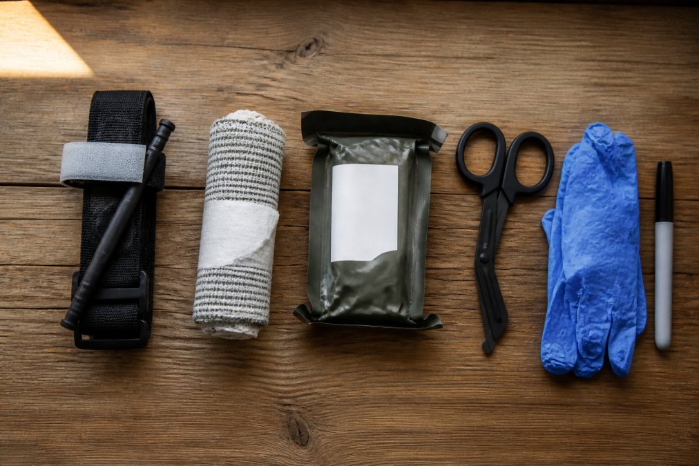Flat lay of a compact trauma kit on a wooden table showing a black tourniquet, rolled hemostatic gauze, a chest seal package, trauma shears, blue nitrile gloves, and a black permanent marker arranged in neat rows under soft window light
