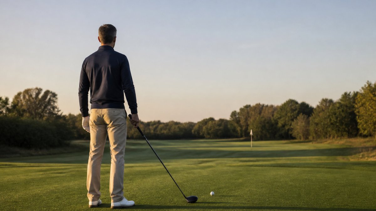 Golfer standing on a fairway visualizing his shot toward a distant flag in the morning light