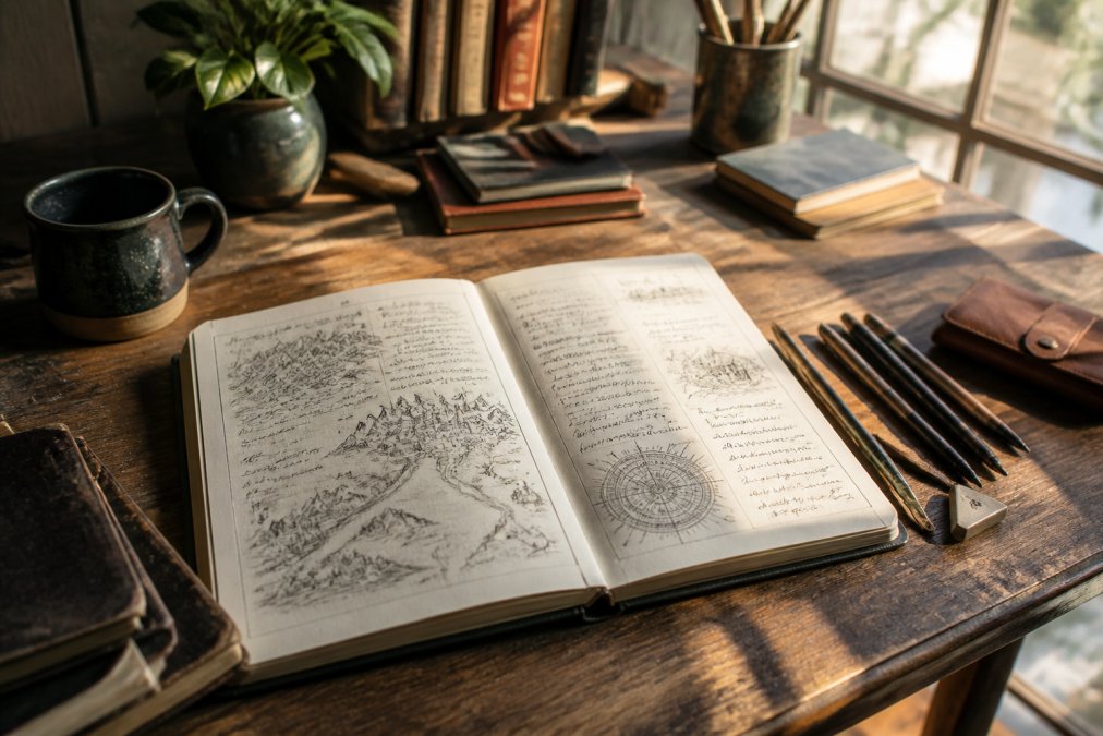 A writer's desk with a leather-bound notebook open, showing handwritten world-building notes and character sketches, with coffee, colored pens, and a window showing natural sunlight streaming across the workspace
