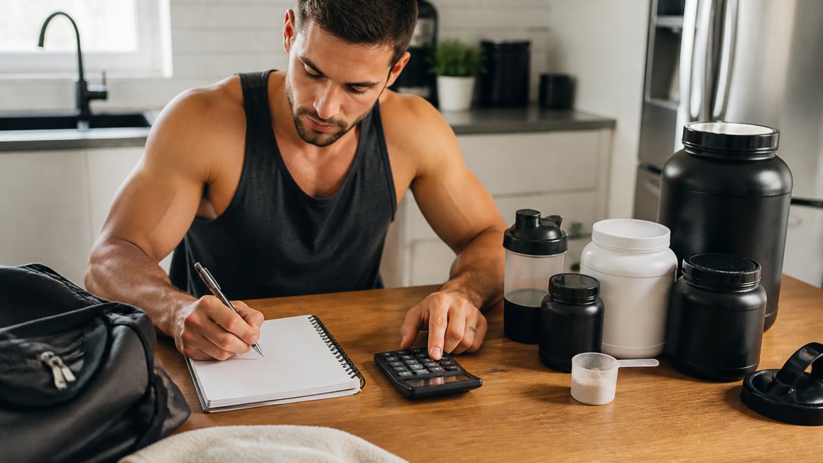 A person in workout clothes sitting at a kitchen table with a notebook, calculator, and several supplement containers, planning a monthly budget in morning light