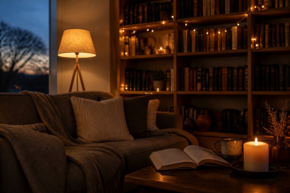 A warmly lit living room at dusk with a floor lamp casting a soft amber glow, fairy lights strung along a wooden bookshelf filled with hardcover books, and a lit candle on a side table beside an open novel