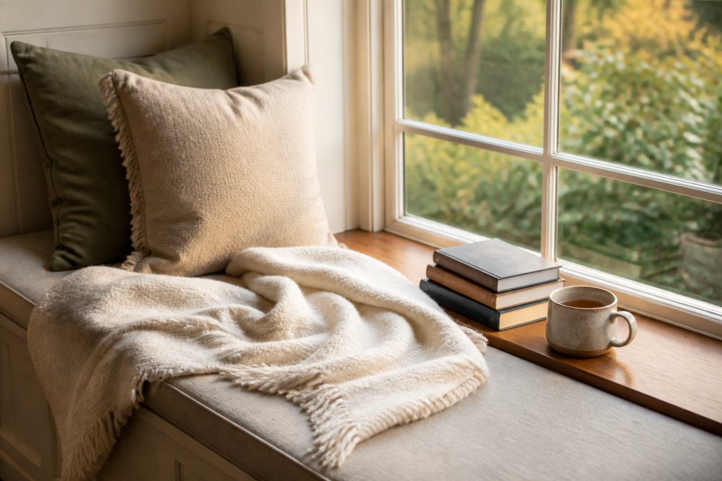 A snug reading nook tucked into a window alcove with a plush cushioned seat, a loosely folded cream throw blanket, a small stack of hardcover books, and a ceramic mug of tea resting on the wooden window ledge in soft afternoon light