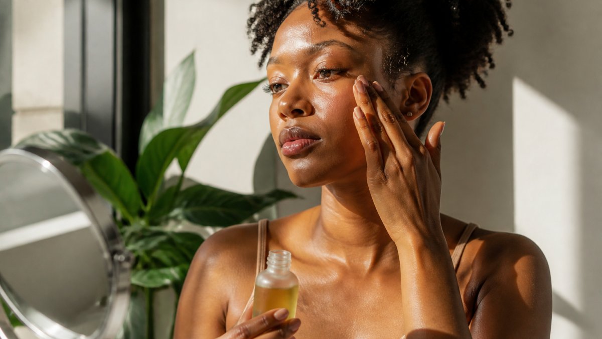 Person with melanin-rich skin applying serum to face in natural morning light, demonstrating careful application technique with fingertips on cheek