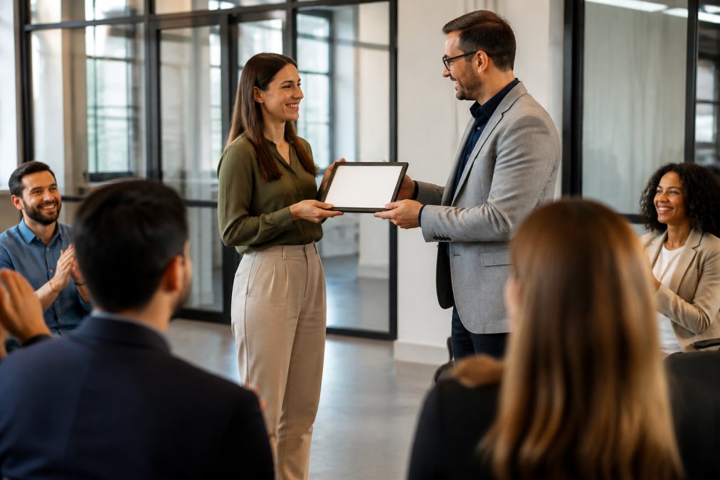 A manager presenting an award or certificate to an employee during a team meeting, with colleagues watching and smiling, showing genuine appreciation in a professional office setting