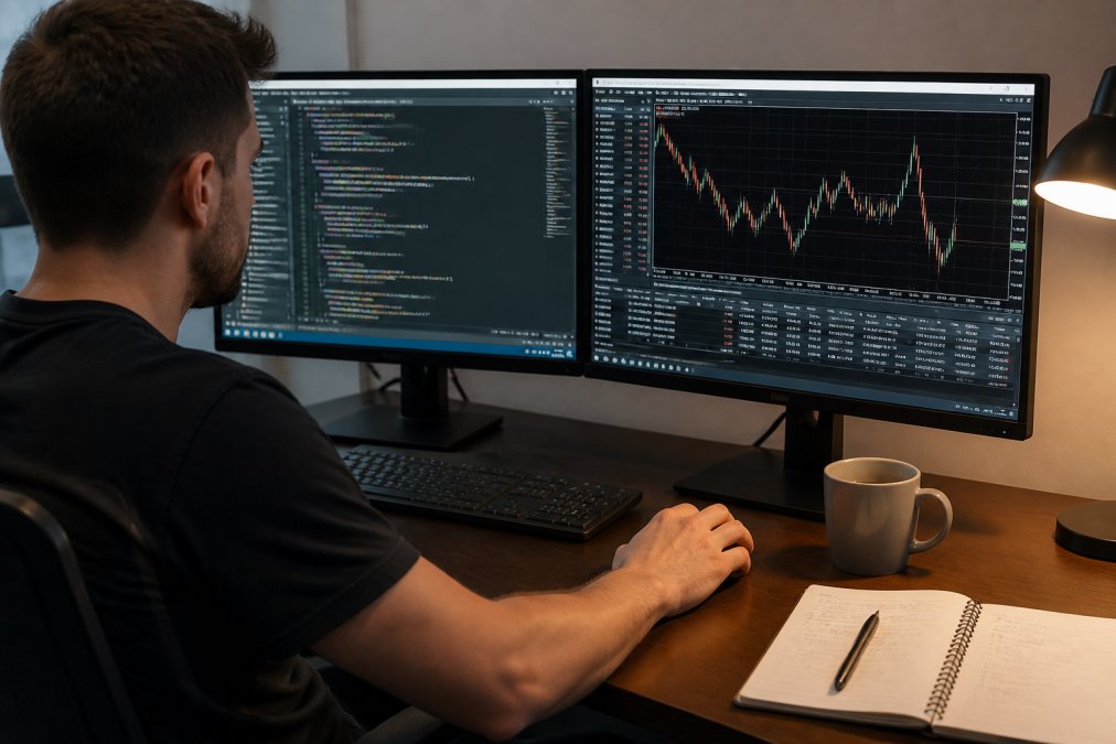 A trader's desk with two monitors, one displaying MetaEditor with MQL5 code and the other showing an MT5 candlestick chart, coffee mug and notepad nearby, warm evening desk lighting