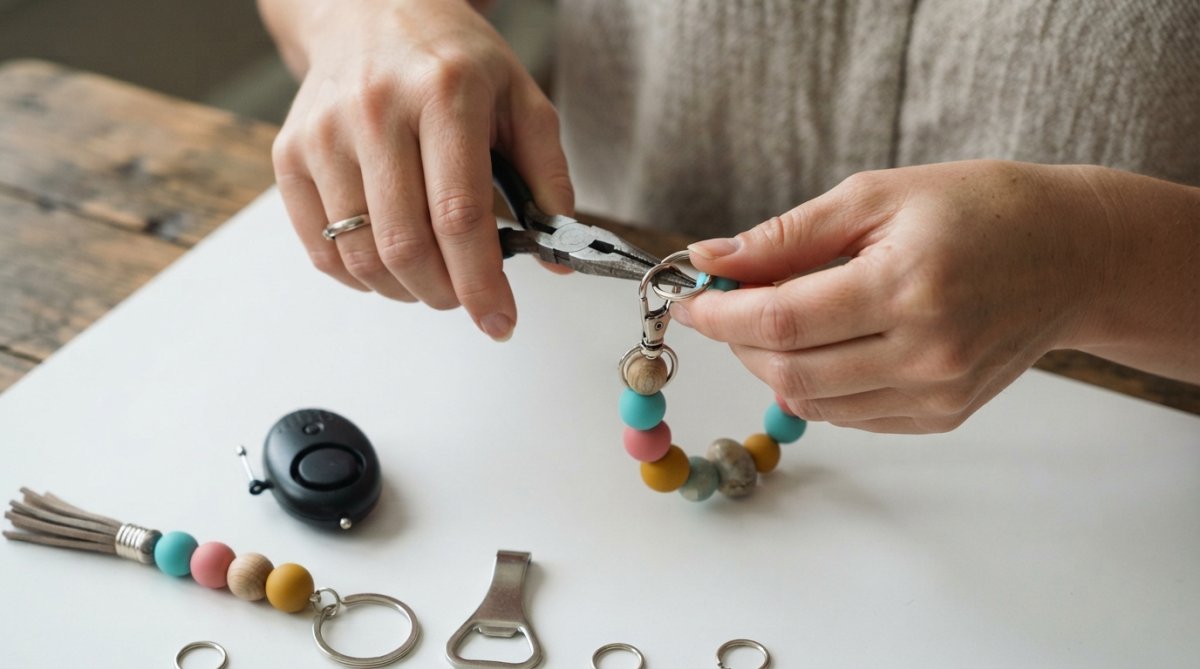 Close-up of hands assembling custom safety keychain components on a flat white surface, showing jump rings, swivel snap hooks, personal alarm, and coordinating beaded accessories being connected with needle-nose pliers