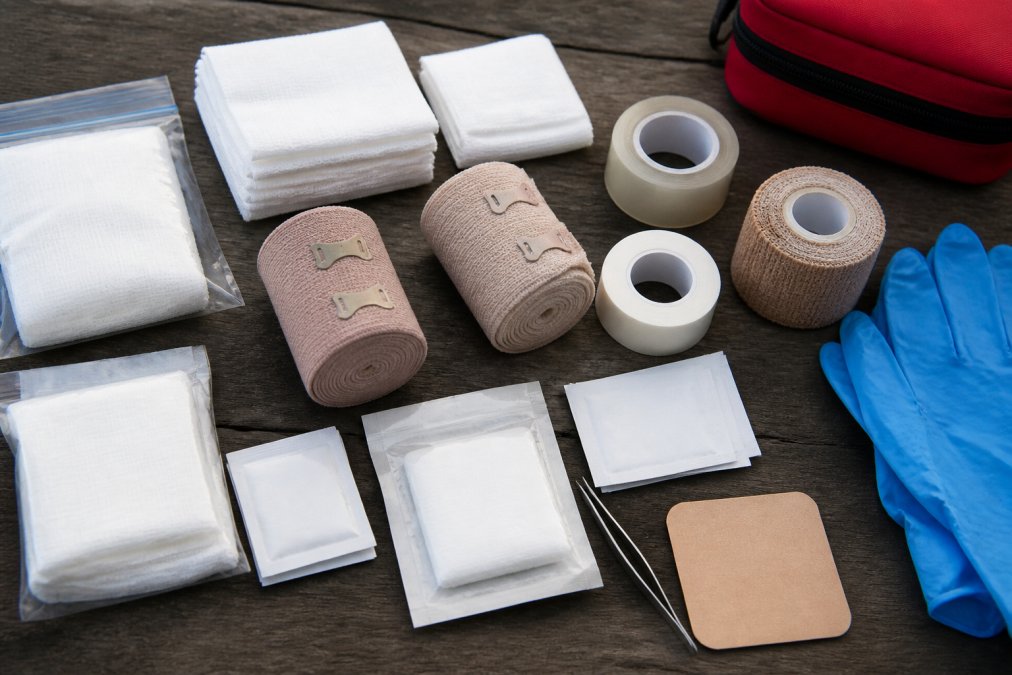 Organized first aid supplies laid out on a flat surface including sterile gauze pads in various sizes, elastic bandages, antiseptic wipes, medical tape in clear and waterproof varieties, tweezers, nitrile gloves, and moleskin arranged for easy visibility
