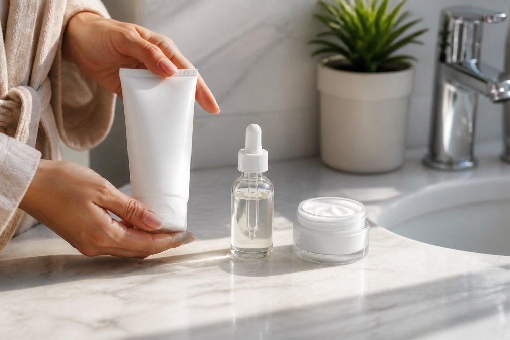 Close-up of hands holding skincare products (cleanser, serum, moisturizer) arranged in order on a bathroom counter with natural morning light