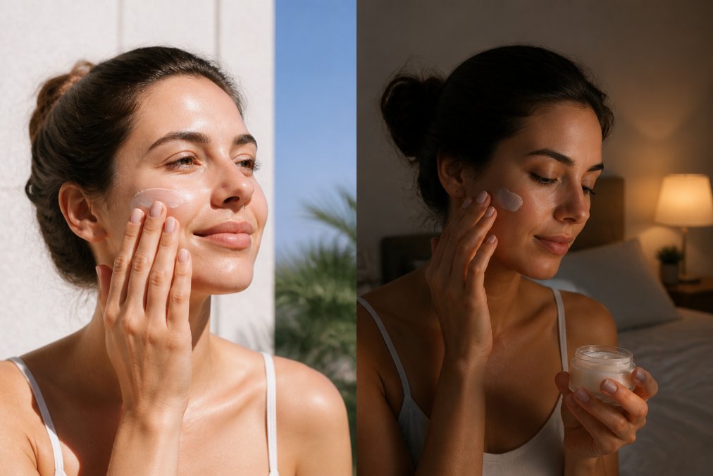 Split-screen scene: left shows a person applying sunscreen in bright daylight on their face, right shows someone applying night cream in dim bedroom lighting with a relaxed expression
