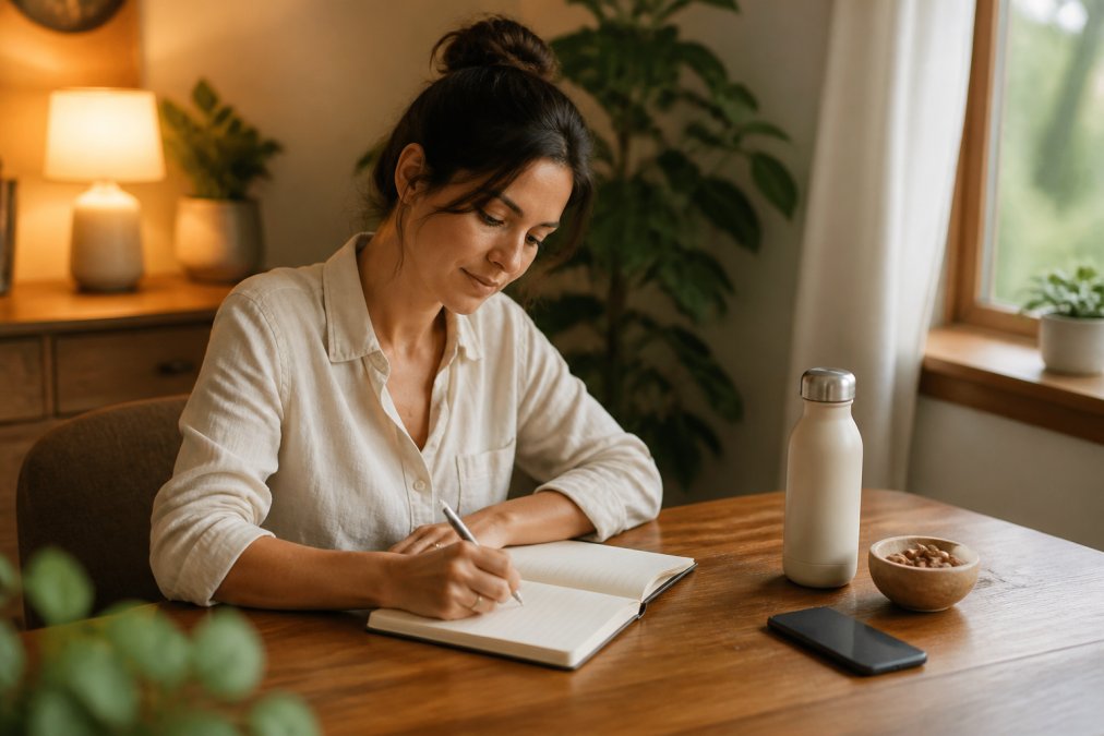 Professional illustration showing woman and seated and warm-lit concepts for daily wellness routine
