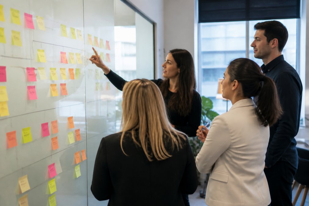Marketing team analyzing customer journey maps on a screen for data-driven marketing planning