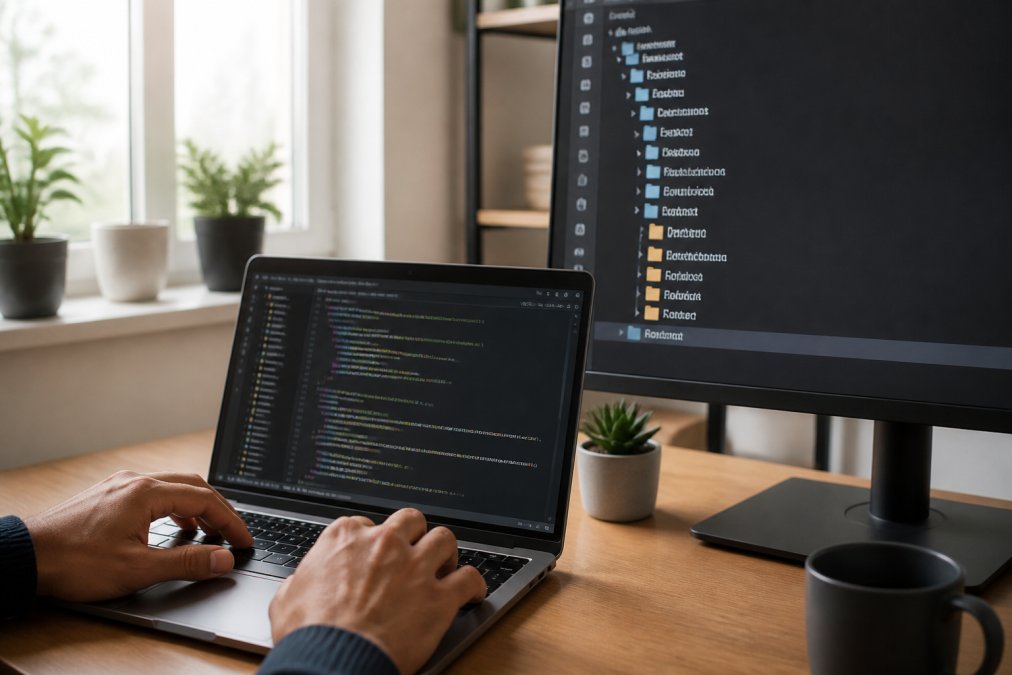 Close-up of hands typing Python code on a laptop, with a GitHub repository file tree visible on the external monitor, in a clean home office with natural daylight