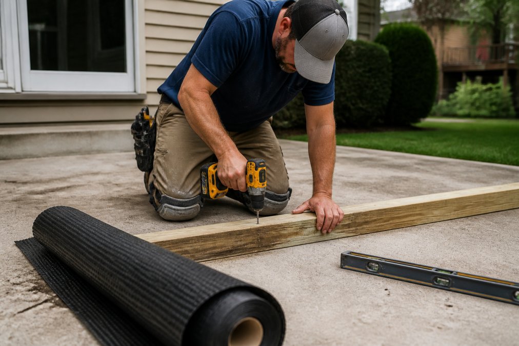 Contractor using a drill to secure a wood sleeper to a concrete patio to build a deck over existing concrete