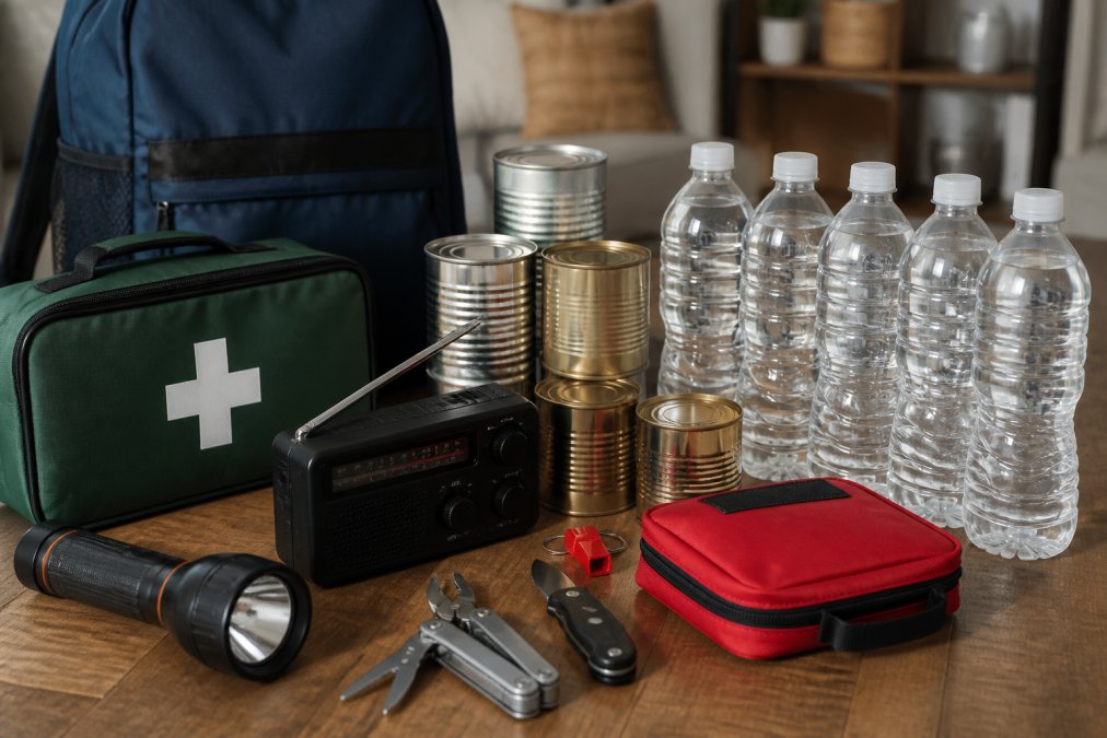 Organized collection of budget-friendly emergency supplies laid out on a table: water bottles, canned goods, first aid kit, flashlight, battery-powered radio, and multi-purpose tools arranged neatly