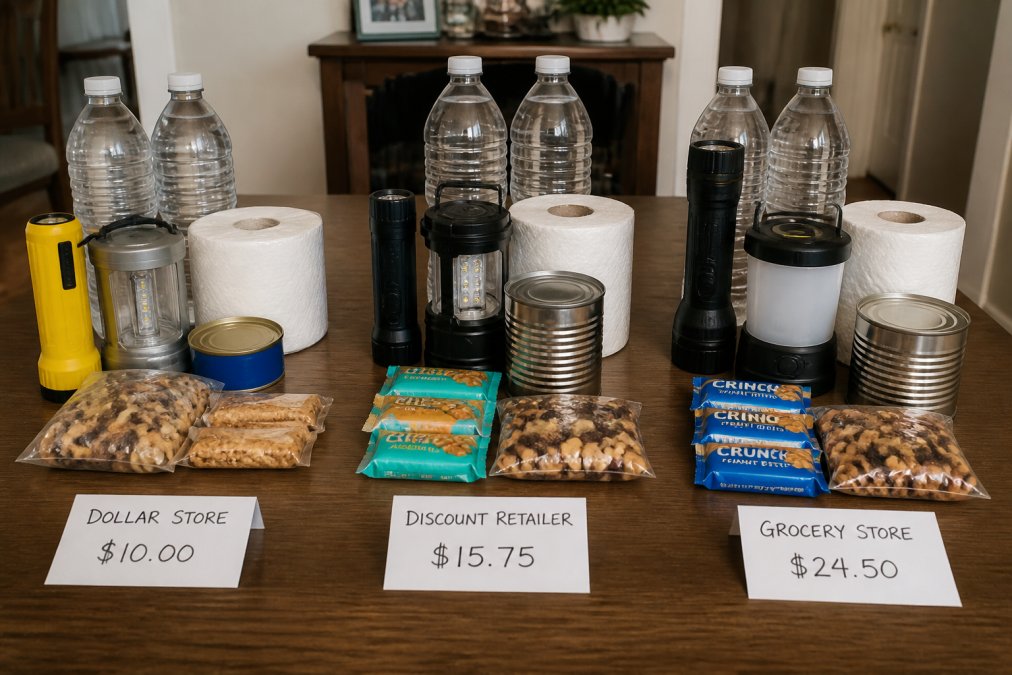 Comparison display showing the same emergency supplies purchased from three different retailers, dollar store, discount retailer, and regular grocery store, with price tags visible to illustrate cost differences