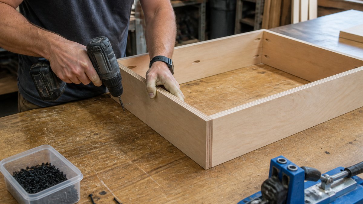 Person using a power drill to assemble a wooden drawer frame on a workshop workbench