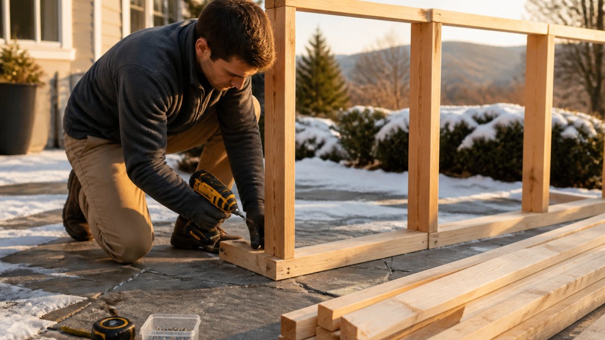 A homeowner in work clothes assembling a wooden frame windbreak on a snowy patio, with a drill and lumber pieces visible, warm afternoon light
