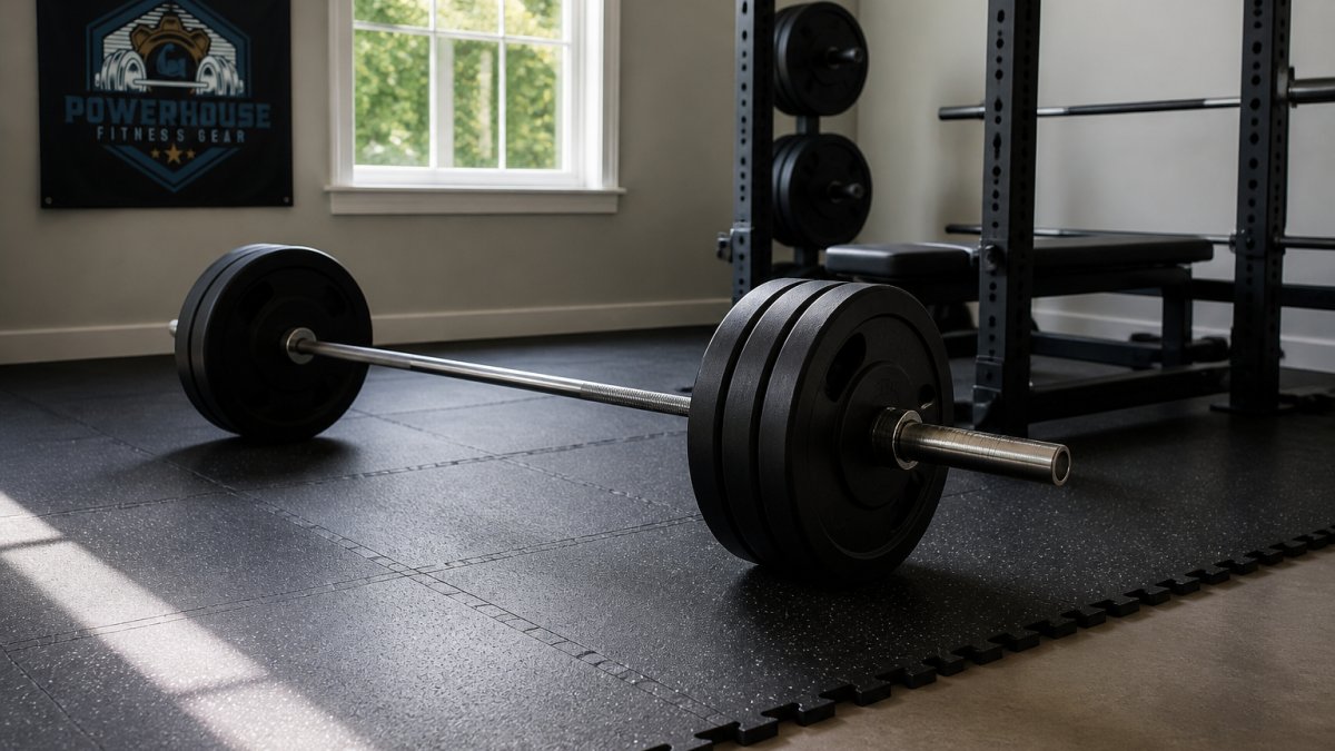 Interlocking rubber tiles installed under a barbell as part of a durable home gym setup
